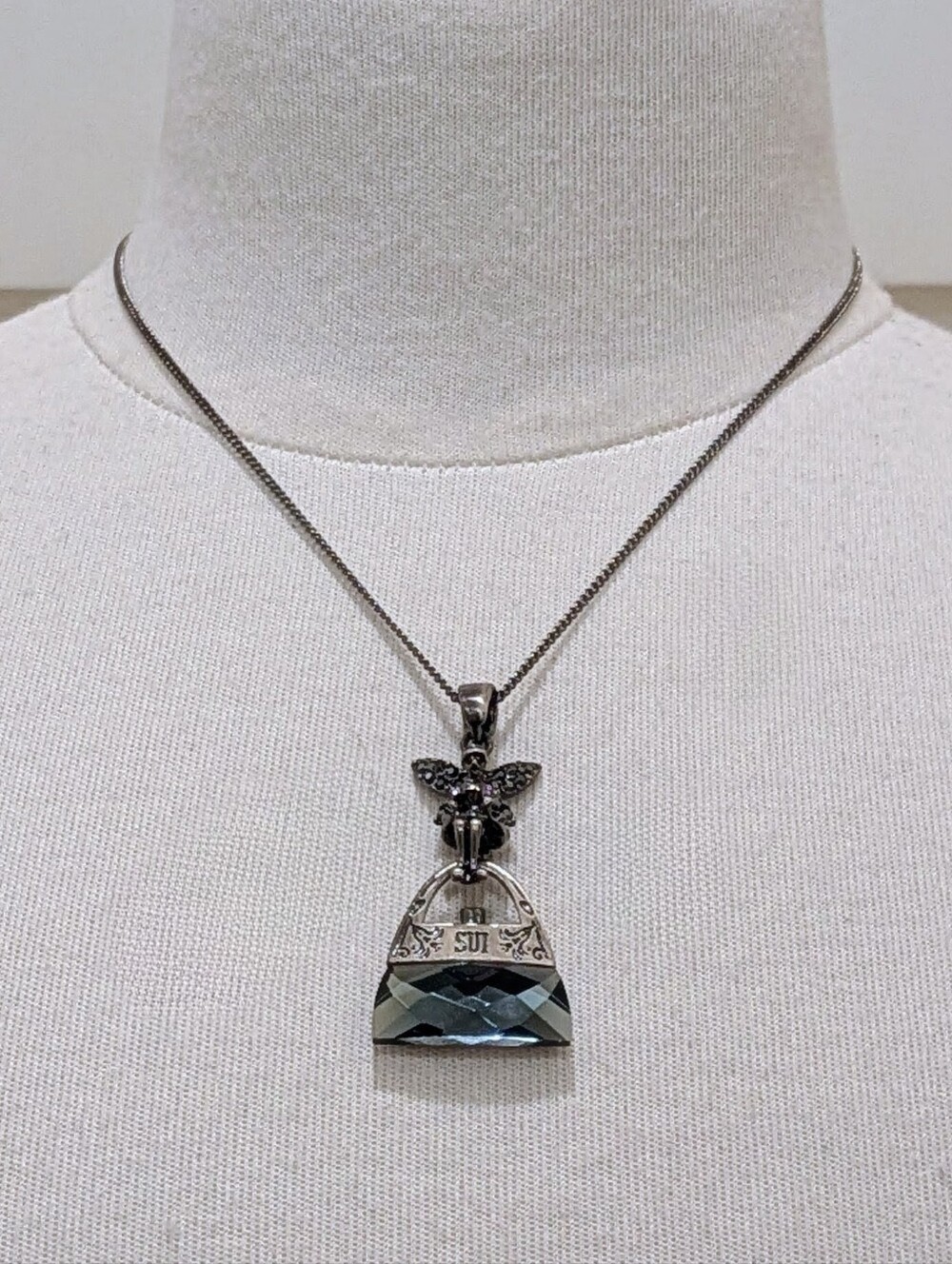 GUC Anna Sui Black Rhodium Plated Fairy on Crystal Purse Charm Necklace